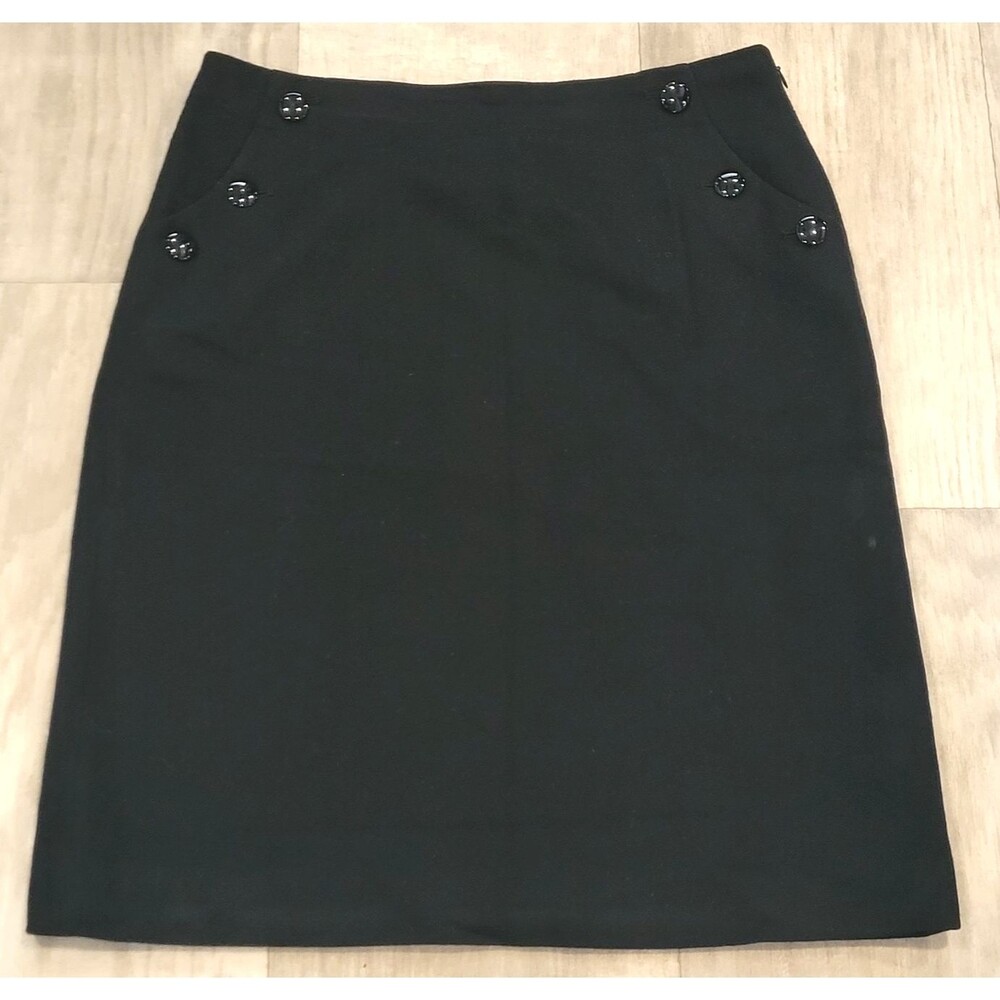 J. Crew Size 4 Black 100% Wool Lined Skirt Button Pockets Knee Length Side Zip